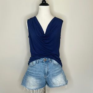 Navy Draped Sleeveless Cowl Neck Top